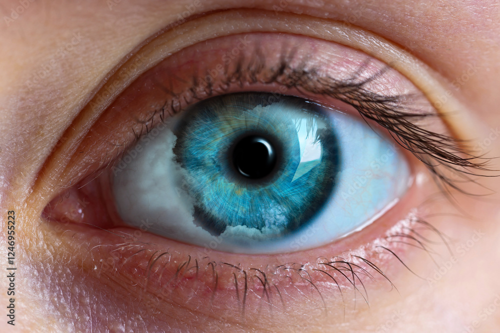 Fototapeta premium Hypnosis. Hypnotic clouds in woman's eye, closeup