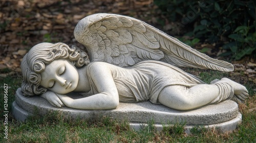 Close up of a serene angel statue in a tranquil cemetery, showcasing its intricate details photo