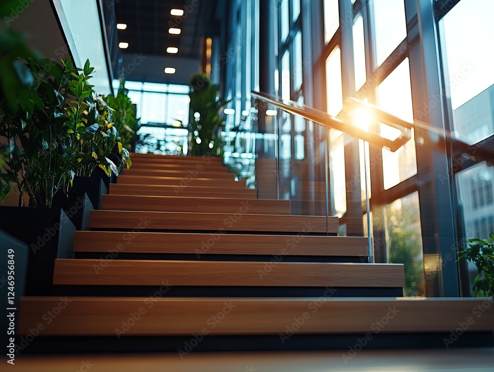 A modern staircase with wooden steps and large windows, illuminated by sunlight, surrounded by indoor plants.
