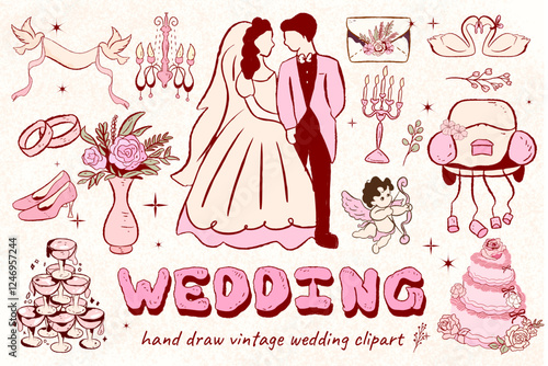 whimsical wedding line art illustrations. Elegant party hand drawn stickers. Clipart casual scribble. Vintage ink elements,wedding invitation, template, vintage, aesthetic love