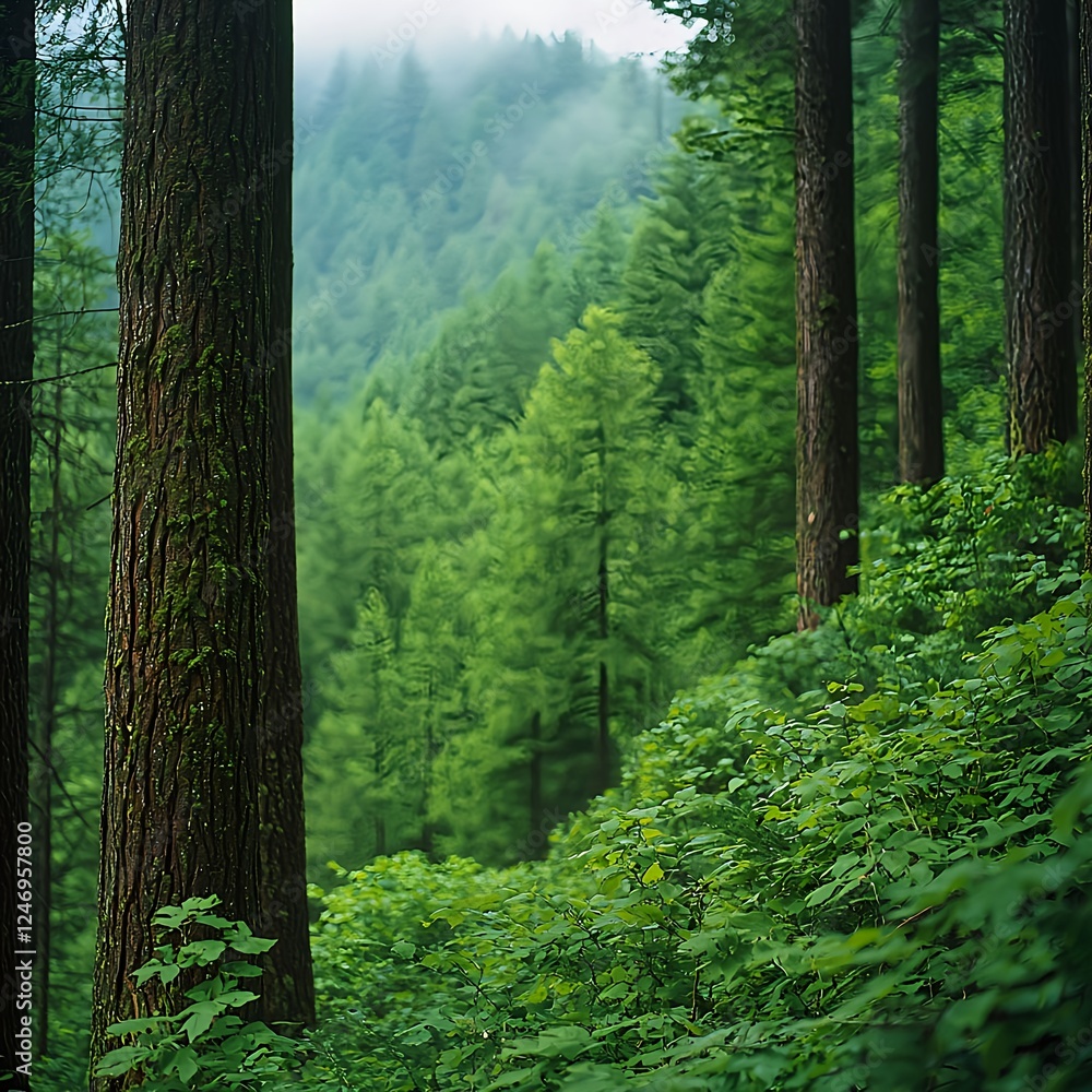 Obraz premium Lush Green Forest Landscape with Misty Atmosphere