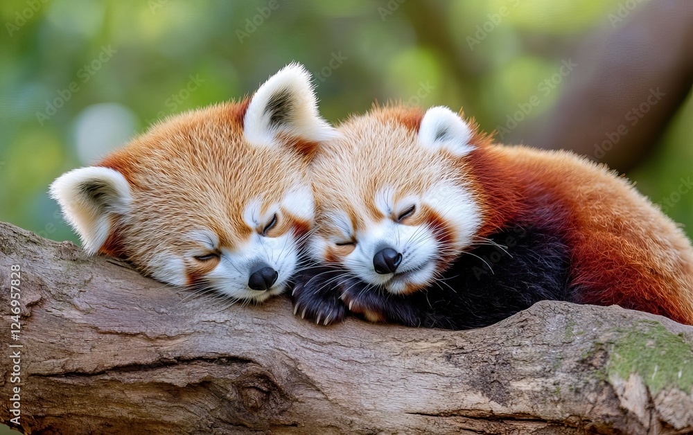 Fototapeta premium Two red pandas cuddle together on a branch, showcasing their soft fur and adorable expressions in a serene, natural setting.