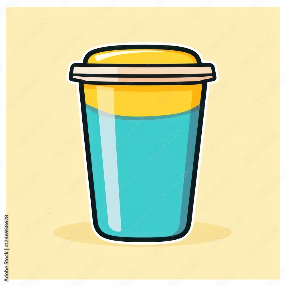 Refreshing drink in a blue cup with yellow lid on a yellow background for ads Refreshing drink in a blue cup with yellow lid on a yellow background for ads