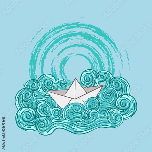 Illustration of the ship is tossed amidst storms and violent waves