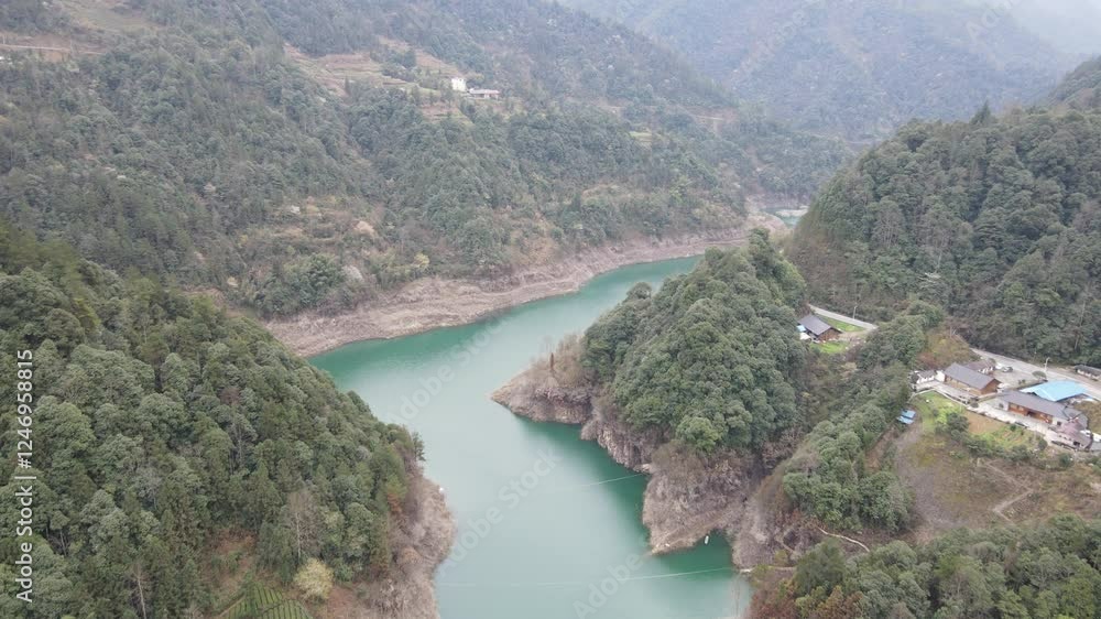 Breathtaking aerial views of the Upper Yangtze River and Qingjiang River landscape at dusk Breathtaking aerial views of the Upper Yangtze River and Qingjiang River landscape at dusk