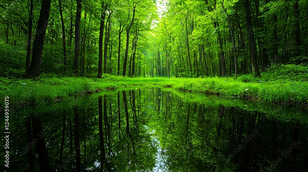 Lush Green Forest Path Reflecting in Still Water Lush Green Forest Path Reflecting in Still Water