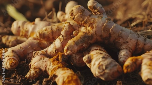 Fresh turmeric root and powder on a wooden table, essential for healthy cooking. photo