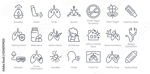 Asthma line icons set. Respiratory diseases, lungs, bronchi, spirometer, inhaler, allergens, x-ray, chest cavity, nibulizer, asthma attack vector illustration.