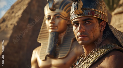 A dramatic view of an Egyptian warrior standing guard near a colossal statue of Ramses II, wearing a bronze helmet and carrying a shield adorned with symbols of the sun god Ra
