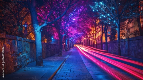 Dynamic Colorful Light Trails from High-Speed Car on Street in Scenic Landscape
