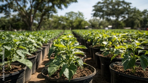 Pepper seedlings growing in nursery, rural field background
