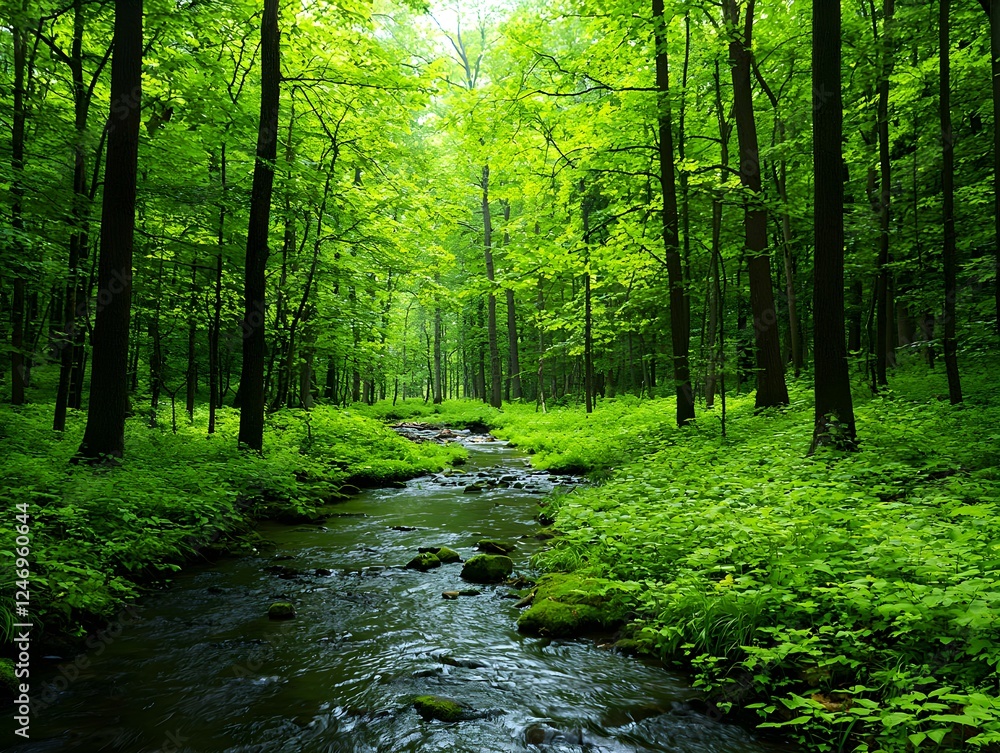 Obraz premium Lush Green Forest Stream Sunlight Path