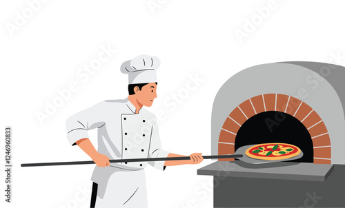illustration of a chef shovelling pizza into the oven, isolated on white background