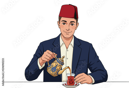 Illustration of a young Turkish guy wearing fez pouring Turkish tea from a pot, isolated on white background