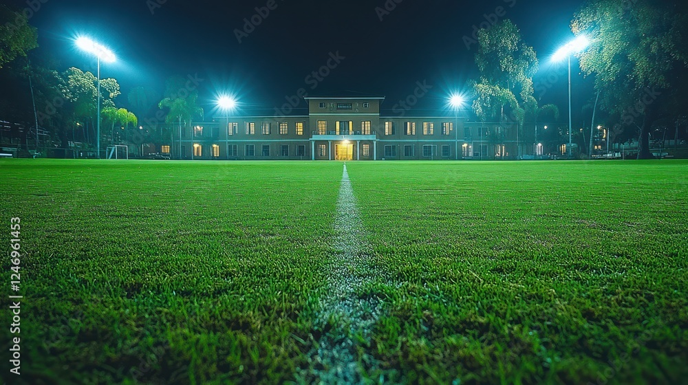 Night soccer field, stadium lights, building, grass Night soccer field, stadium lights, building, grass