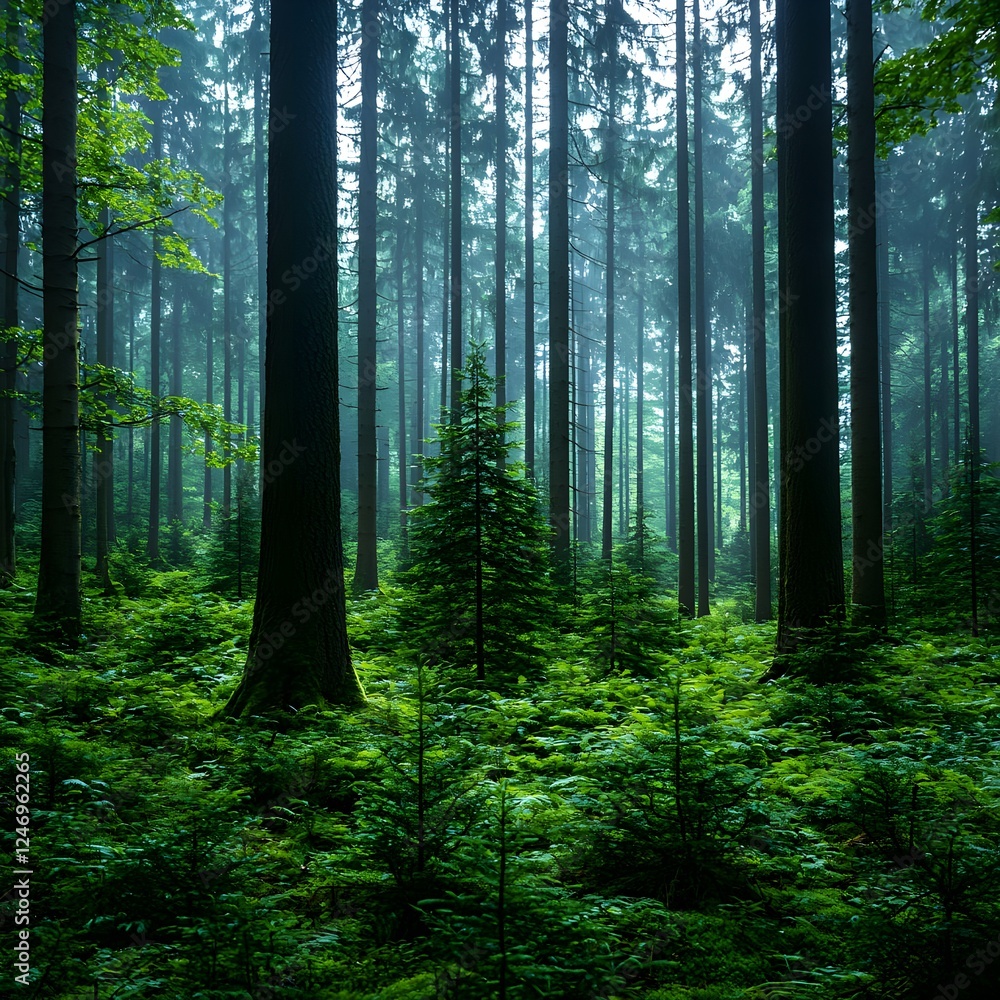 Fototapeta premium Lush Green Forest with Fog and Tall Trees