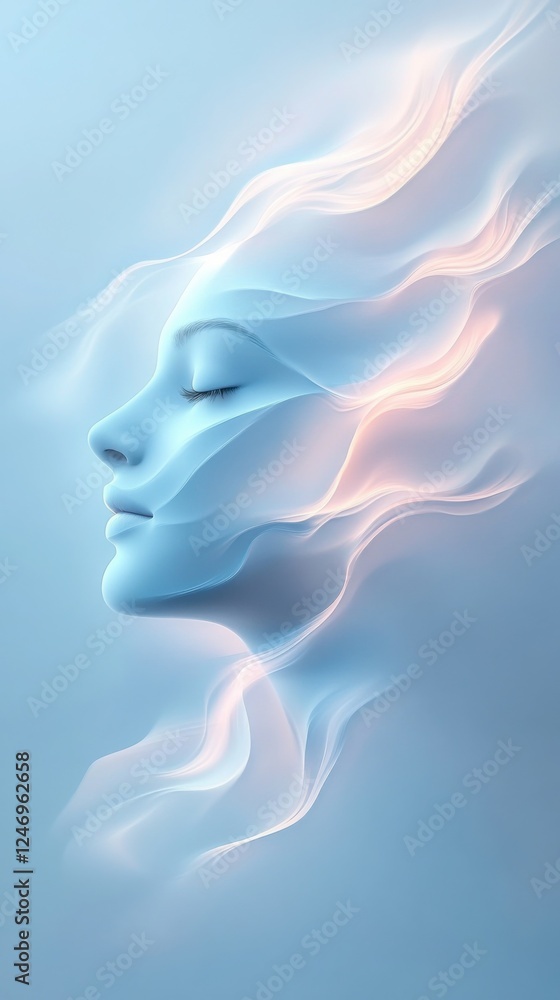 A striking digital composition of a fragmented human face surrounded by swirling trails of electric blue A striking digital composition of a fragmented human face surrounded by swirling trails of electric blue