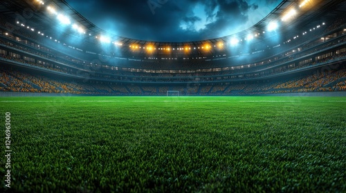 Night stadium, soccer field, empty, spotlight, game