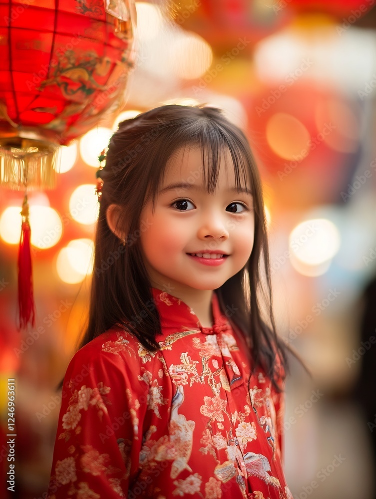 Smiling Asian Girl in Traditional Red Outfit with Festive Lanterns in Background : Generative AI Smiling Asian Girl in Traditional Red Outfit with Festive Lanterns in Background : Generative AI