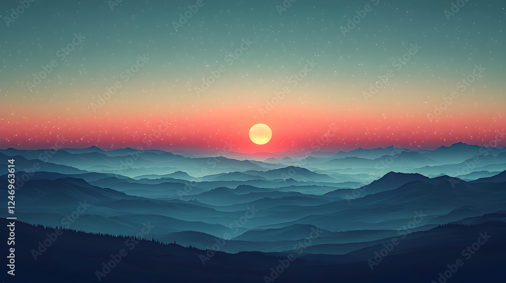 Fototapeta premium Serene Sunset Over Mountains: A Tranquil Twilight Landscape with Atmospheric Clouds, Panoramic Vista, and Fading Color Hues for Stunning Outdoor Photography