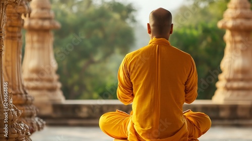 Back View of Monk Meditating in Peaceful Temple Surrounded by Nature : Generative AI