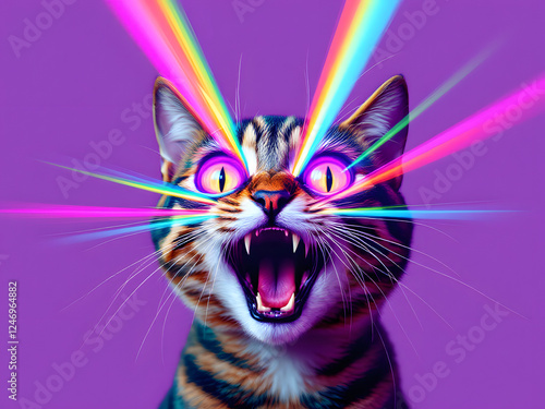Psychedelic Feline Fury Cat with opened mouth