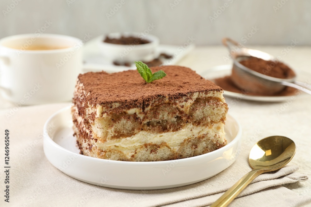 Delicious tiramisu with mint on light table, closeup Delicious tiramisu with mint on light table, closeup