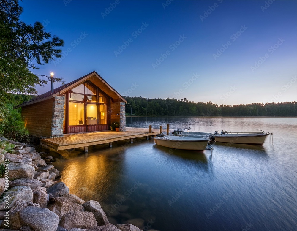 Fototapeta premium Cabaña de madera y piedra a orillas del lago en un pintoresco. paisaje rural con flores de hierba verde, hermoso lugar natural