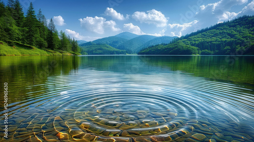 Fototapeta Naklejka Na Ścianę i Meble -  Crystal clear water in tranquil mountain lake reflects serene nature, surrounded by lush greenery and majestic mountains