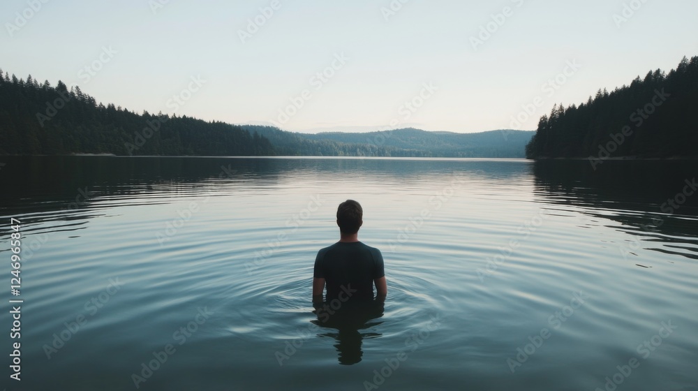 Man standing in still lake, tranquil mountain scenery, peaceful moment, tranquil lake, nature photo Man standing in still lake, tranquil mountain scenery, peaceful moment, tranquil lake, nature photo