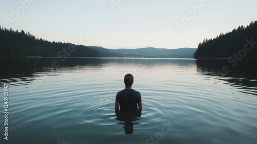 Man standing in still lake, tranquil mountain scenery, peaceful moment, tranquil lake, nature photo photo