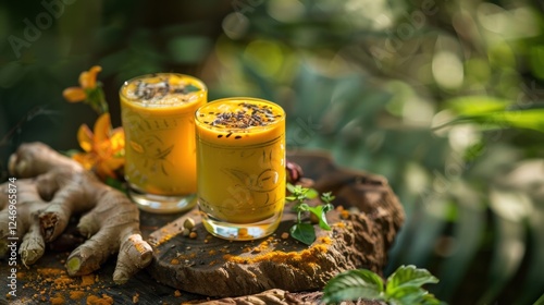 Fresh turmeric root and powder on a wooden table, essential for healthy cooking. photo