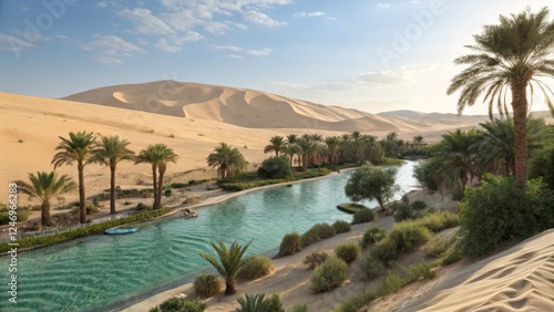 Fototapeta Naklejka Na Ścianę i Meble -  A tranquil desert landscape with sweeping sand dunes under a brilliant blue sky, interrupted by a lush oasis featuring a shimmering pool of water and clusters of palm trees
