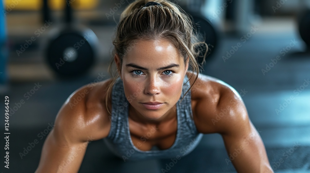 Obraz premium Determined Woman in Gym Performing Intense Workout with Weights : Generative AI