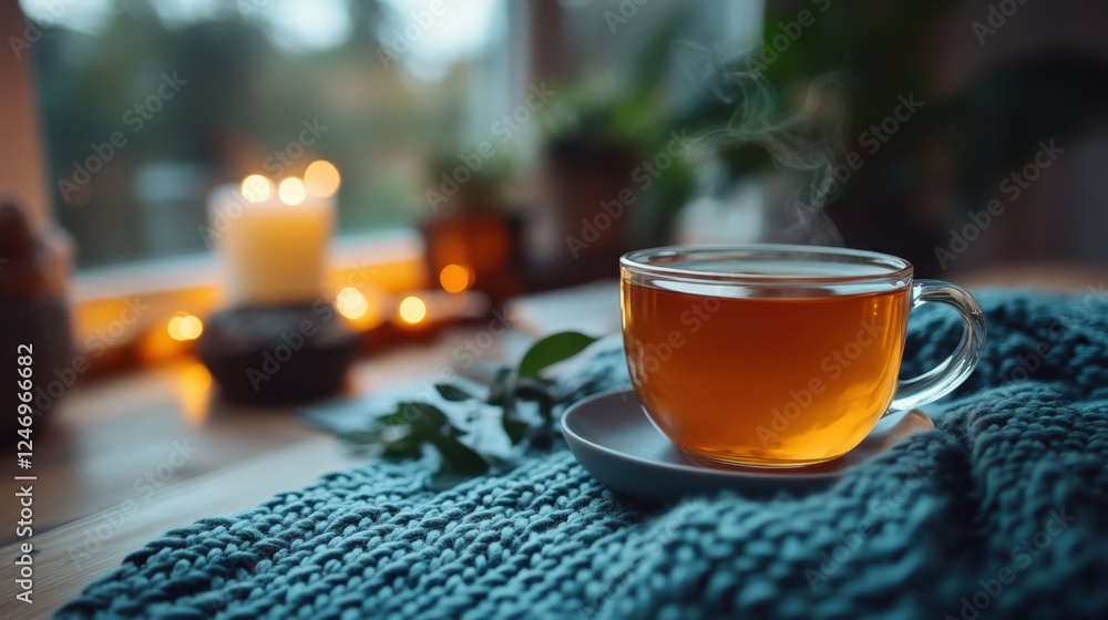 Cozy living room with a warm blanket and tea Cozy living room with a warm blanket and tea