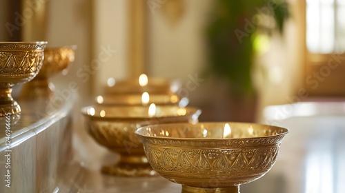 Golden Bowls with Candle Lighting in Traditional Setting for Tranquil Ambiance : Generative AI