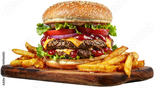 Juicy Burger With French Fries On Wooden Cutting Board,  isolated on transparent background photo