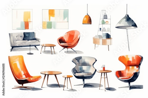 set of colorful icons furniture items on white