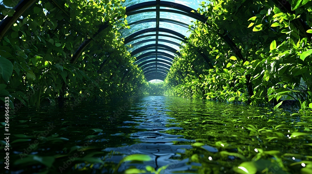 Fototapeta premium Lush Green Greenhouse Tunnel With Water Reflection