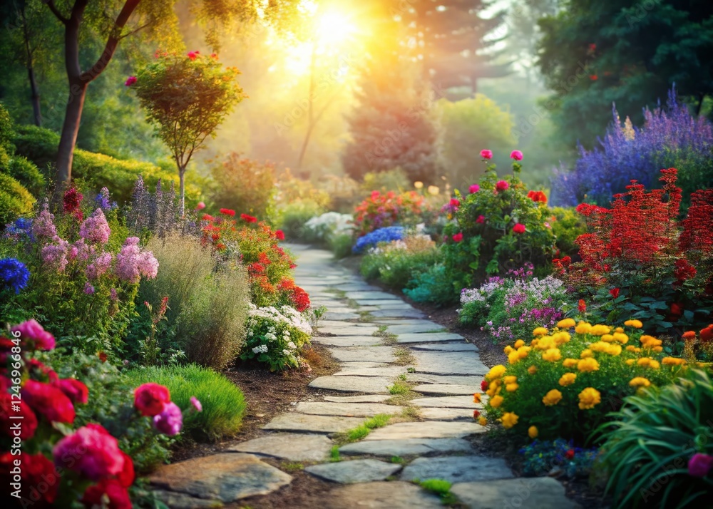 Serene Garden Path: Double Exposure of Stone Walkway and Vibrant Flowers Serene Garden Path: Double Exposure of Stone Walkway and Vibrant Flowers
