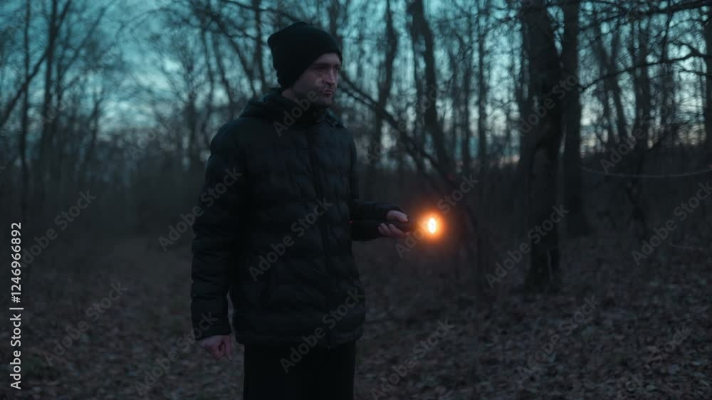 Walking in the forest at night, a man uses a flashlight to search. Walking in the forest at night, a man uses a flashlight to search.