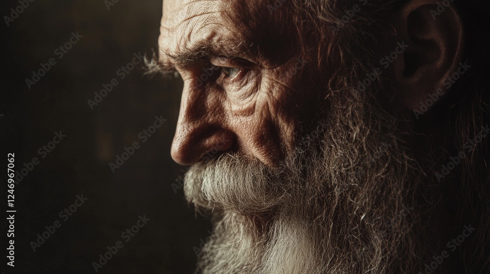 Obraz premium Profile portrait of an elderly man with a long beard and mustache, evoking a biblical character