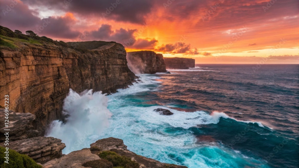 Fototapeta premium Dramatic cliffs rise above a deep blue ocean, with waves crashing onto rocky shores below, and a vibrant sunset casting a fiery glow over the horizon