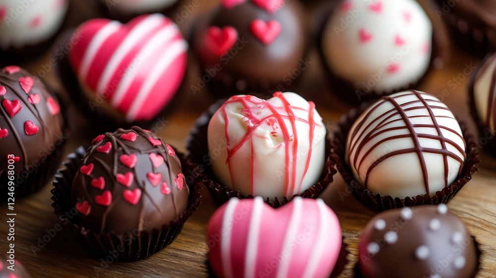 Fototapeta premium Assorted Heart Shaped Chocolate Truffles for Valentine's Day with Decorative Designs : Generative AI