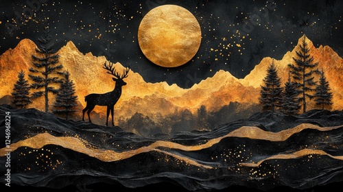 Wallpaper Mural A serene landscape featuring a deer against a golden moon and mountains. Torontodigital.ca