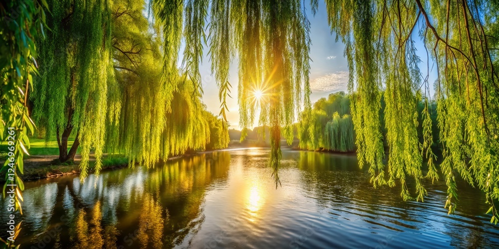 Fototapeta premium Serene River Scene: Sunlight Through Weeping Willow Branches
