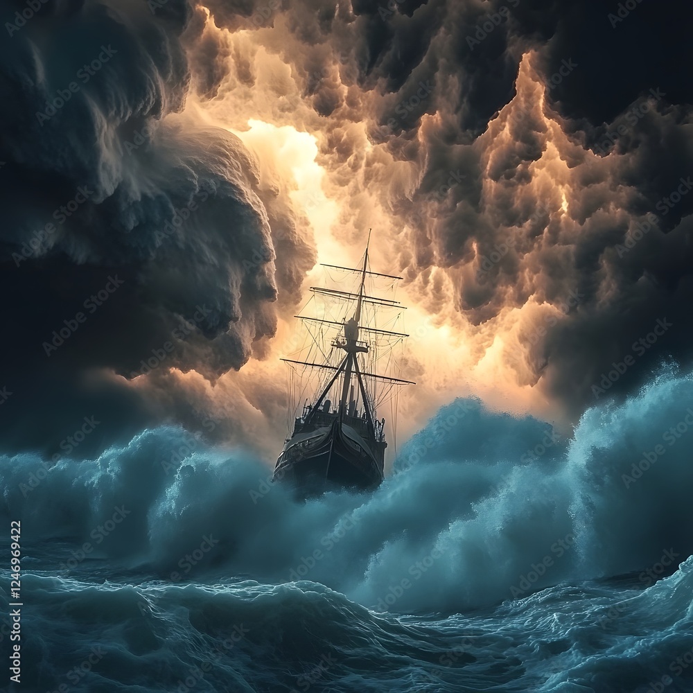Fototapeta premium Dramatic Stormy Seascape with Sailing Ship Battling Treacherous Waves and Ominous Clouds