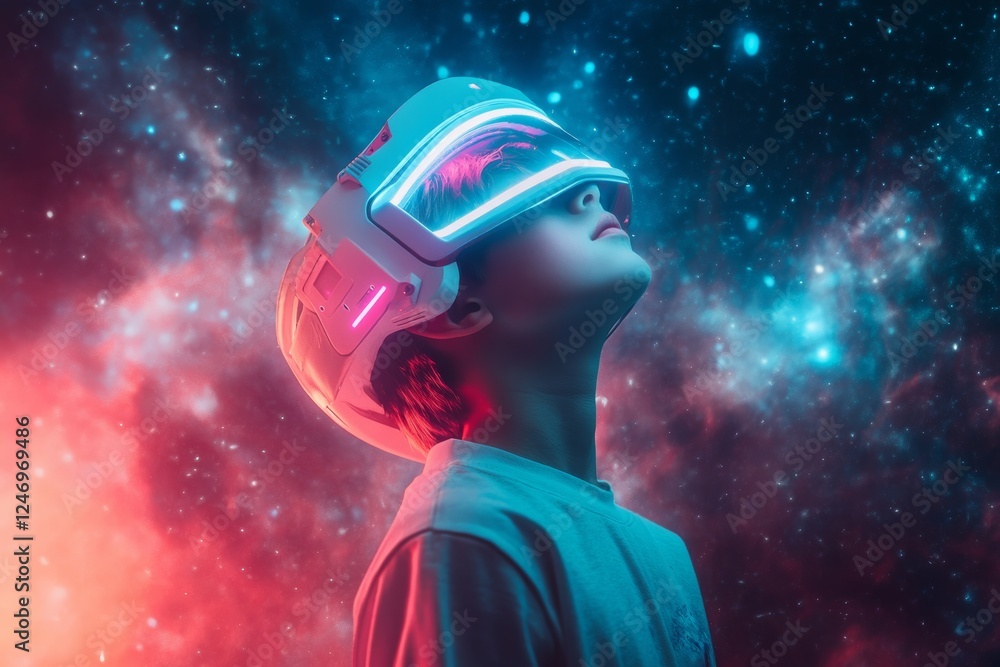 Child exploring outer space with vr headset against cosmic backdrop Child exploring outer space with vr headset against cosmic backdrop