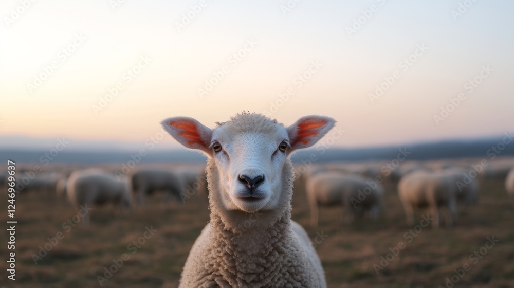 Fototapeta premium Sheep in field at dawn; tranquil scene; use for nature, animal, or peaceful imagery