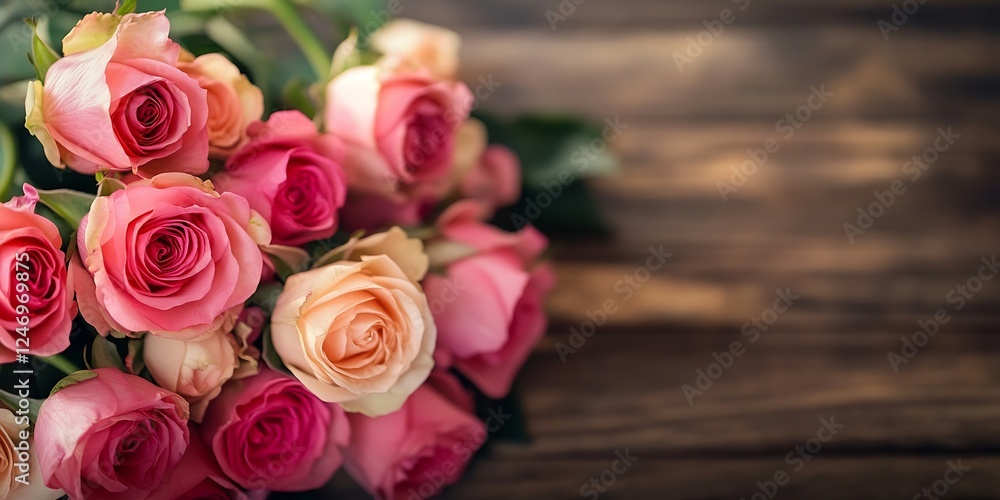 Elegant Arrangement of Pink and Peach Roses on Rustic Wooden Table Top : Generative AI Elegant Arrangement of Pink and Peach Roses on Rustic Wooden Table Top : Generative AI